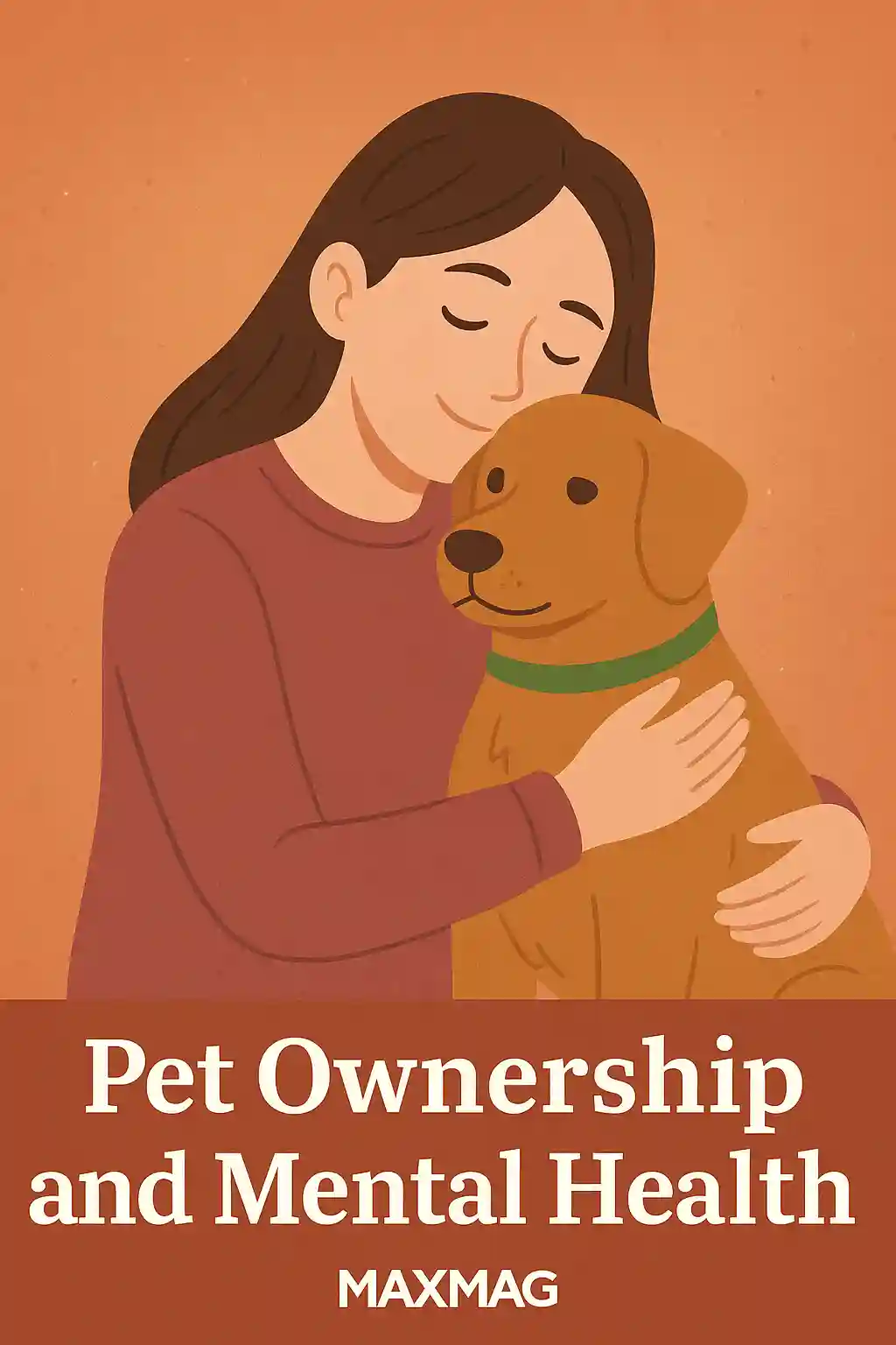 Illustration of a young woman sitting peacefully with her pet dog in a cozy living room, symbolizing the psychological benefits of pet companionship.