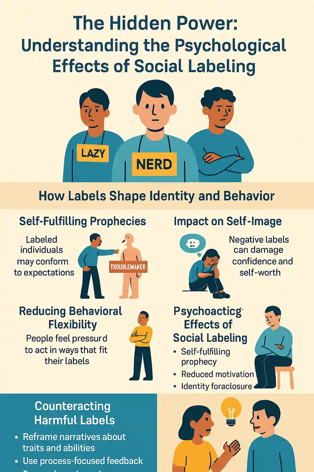 Infographic illustrating the psychological effects of social labeling, including how labels like "lazy" and "nerd" shape identity, influence behavior, and impact mental health, with tips for overcoming harmful stereotypes.