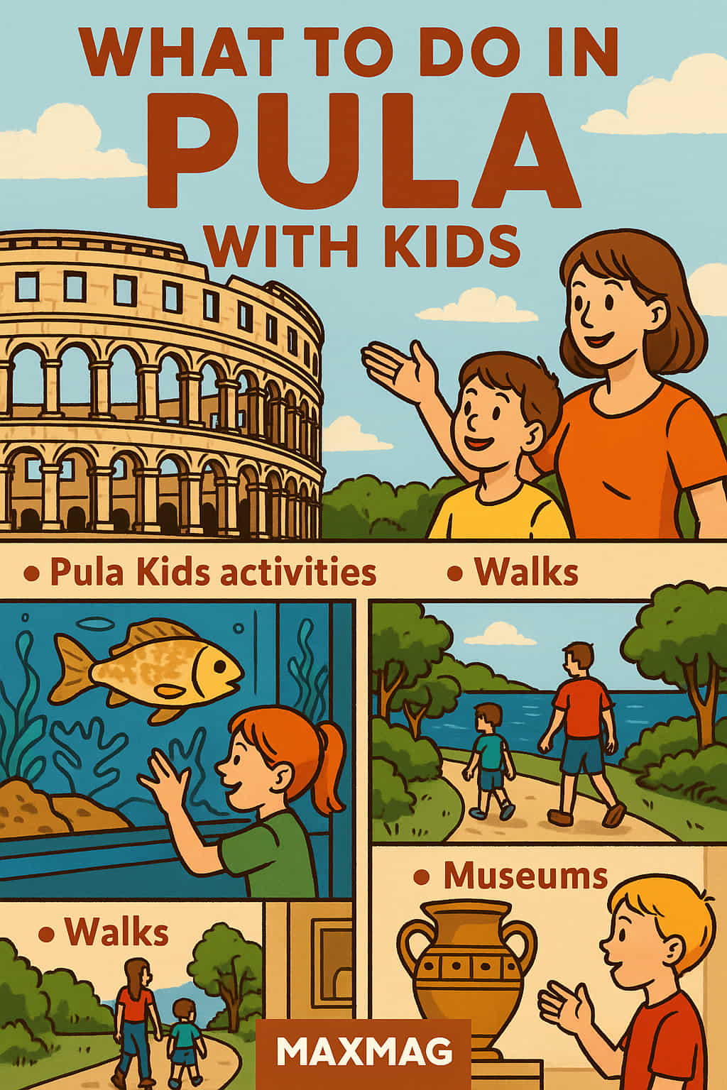 Illustrated poster titled “What to Do in Pula with Kids,” featuring cartoon-style scenes of family activities including visiting the Pula Arena, observing marine life at an aquarium, walking along a seaside trail, and exploring a museum, with the MAXMAG logo centered at the bottom.
