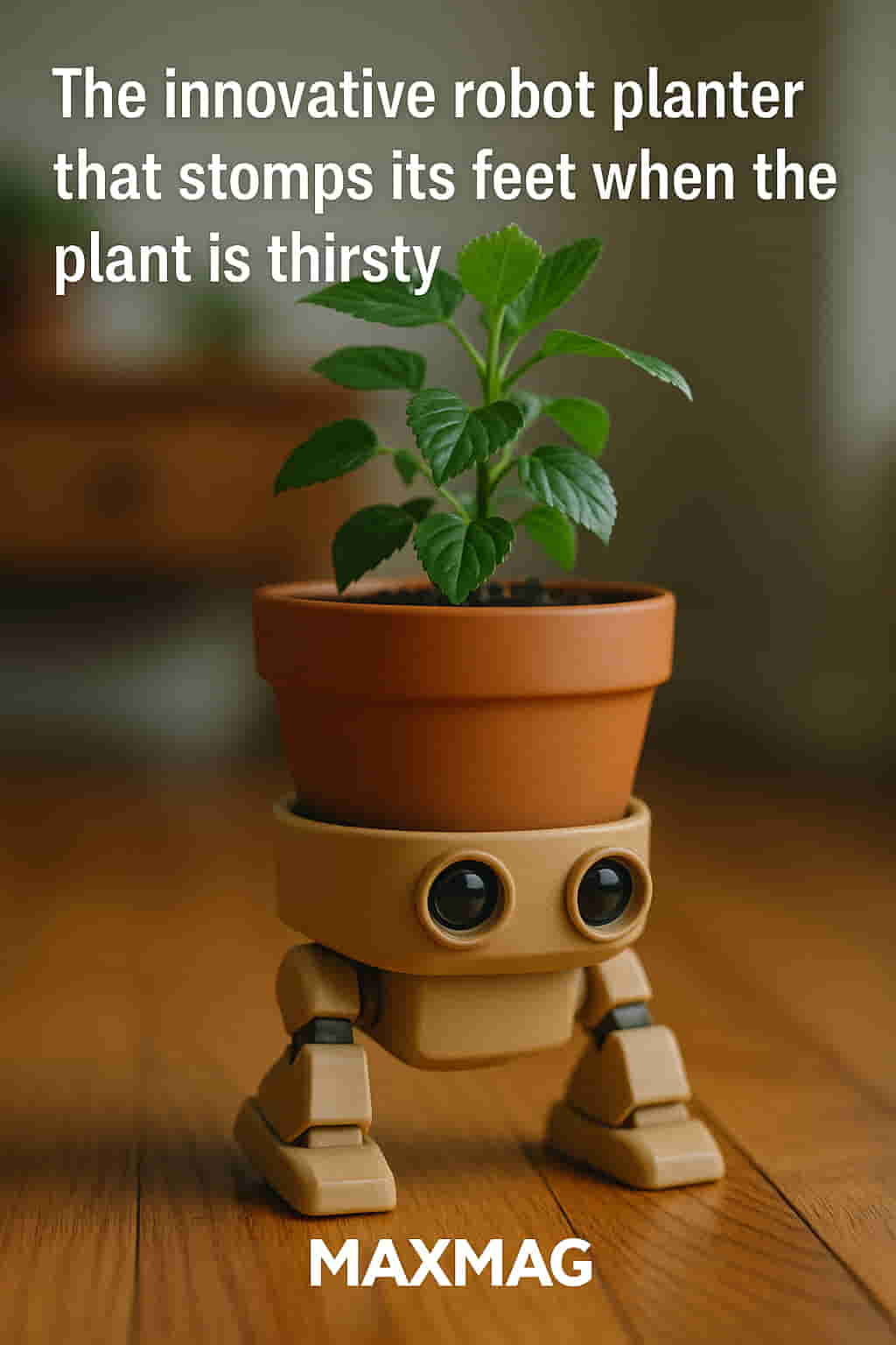 A small robotic plant pot with beige legs and large black eyes stands on a wooden floor, holding a green leafy plant. The image features the title “The innovative robot planter that stomps its feet when the plant is thirsty” at the top and a subtle MAXMAG logo at the bottom center.