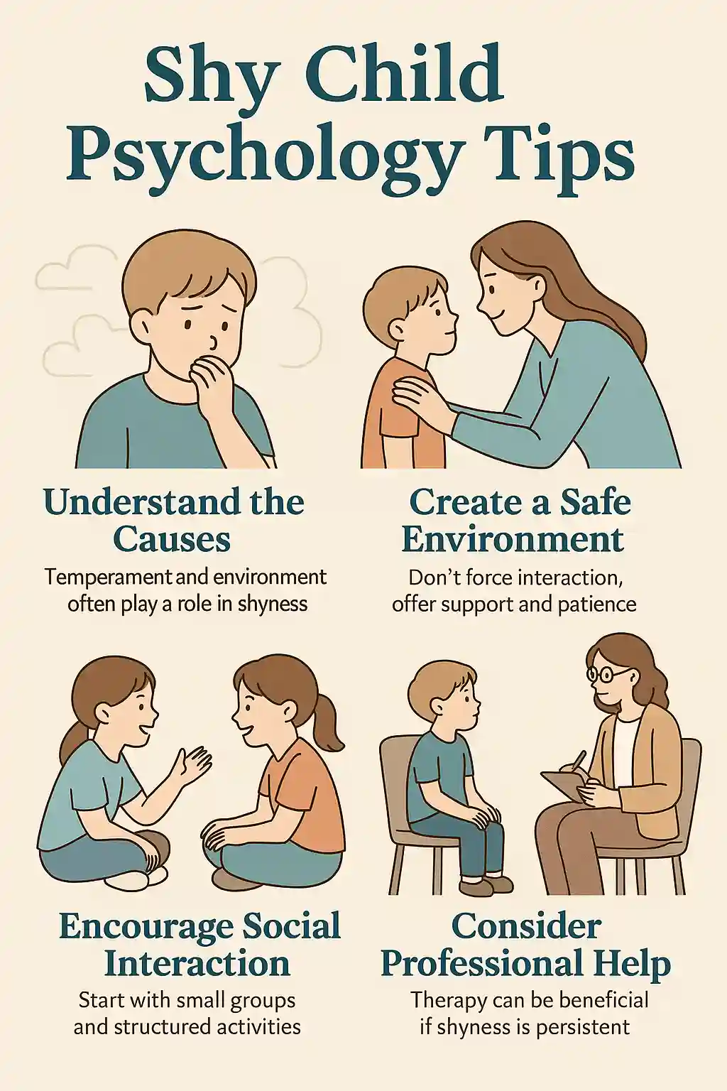 Infographic titled "Shy Child Psychology Tips" showing four illustrated parenting strategies: understanding causes of shyness, creating a safe environment, encouraging social interaction, and considering professional help, each paired with a simple child-focused illustration.