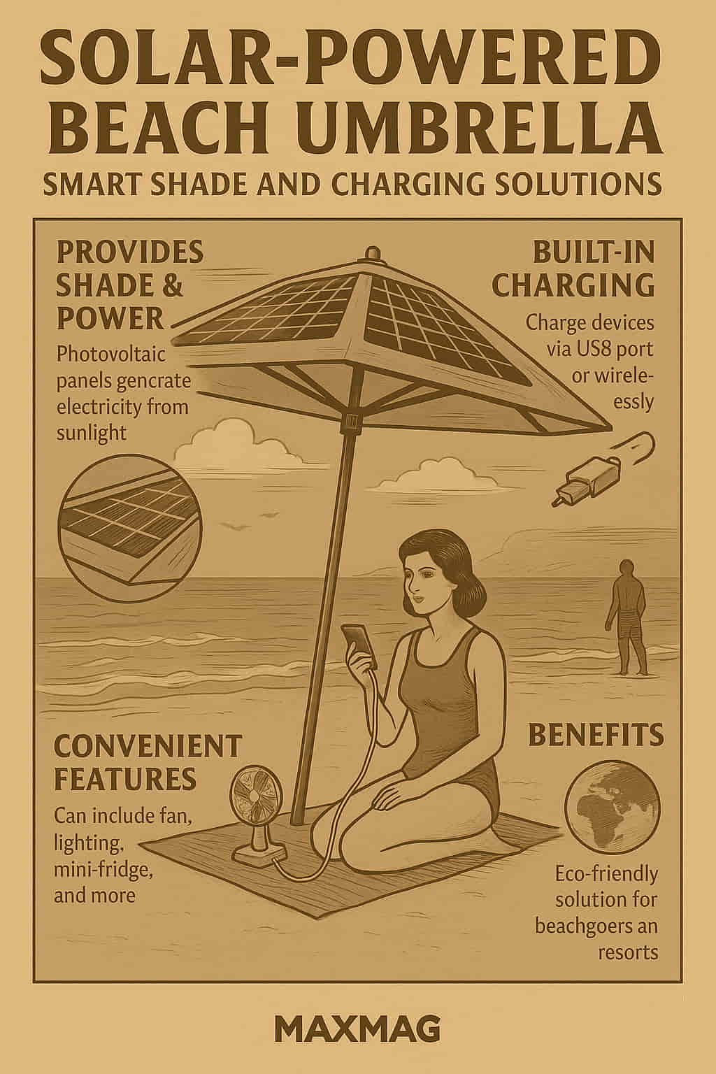 A vintage-style sepia infographic titled “Solar-Powered Beach Umbrella: Smart Shade and Charging Solutions,” featuring a woman using a solar umbrella at the beach. Includes illustrations of solar panels, charging ports, mini fan, and eco benefits. The MAXMAG logo is centered at the bottom.