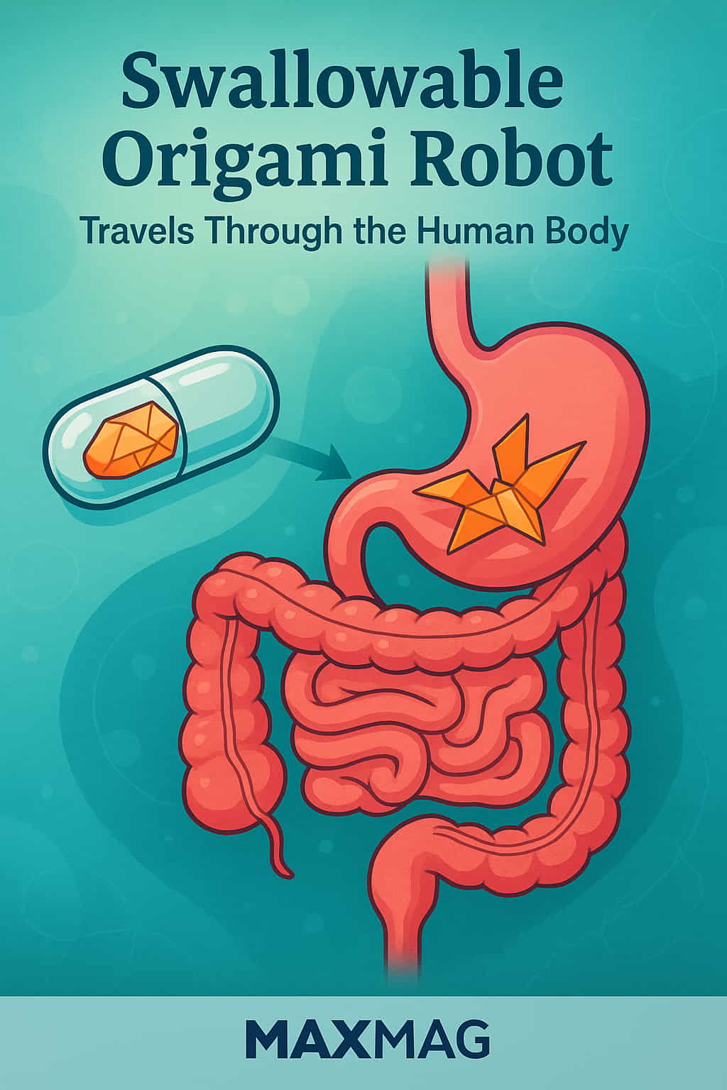 Illustration of a swallowable origami robot unfolding inside the human digestive system, showing its journey from capsule to active form, with the MAXMAG logo at the bottom.