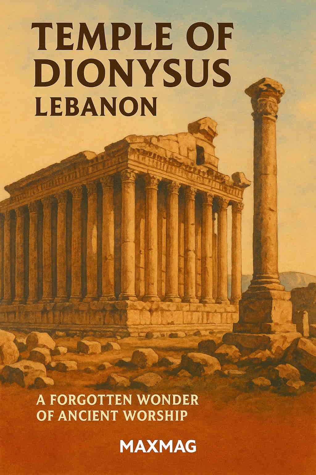 Vintage-style illustration of the Temple of Dionysus in Baalbek, Lebanon, with Corinthian columns and the phrase “A Forgotten Wonder of Ancient Worship” above the MAXMAG logo.