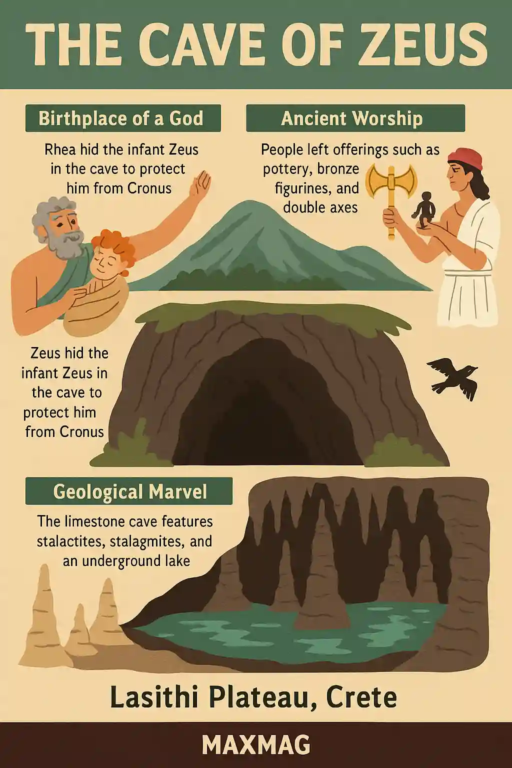 Infographic titled "The Cave of Zeus" showcasing the mythological birthplace of Zeus in Crete, with illustrated elements like Mount Dicte, ancient offerings, stalactites, and historical layers from Minoan to modern times. The MAXMAG logo appears at the bottom center.