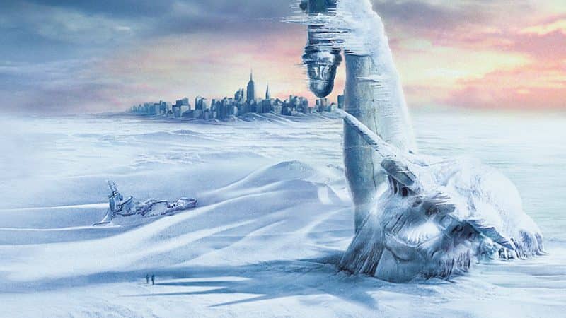 “Scene from The Day After Tomorrow showing New York submerged in icy floods, symbolizing climate catastrophe.”