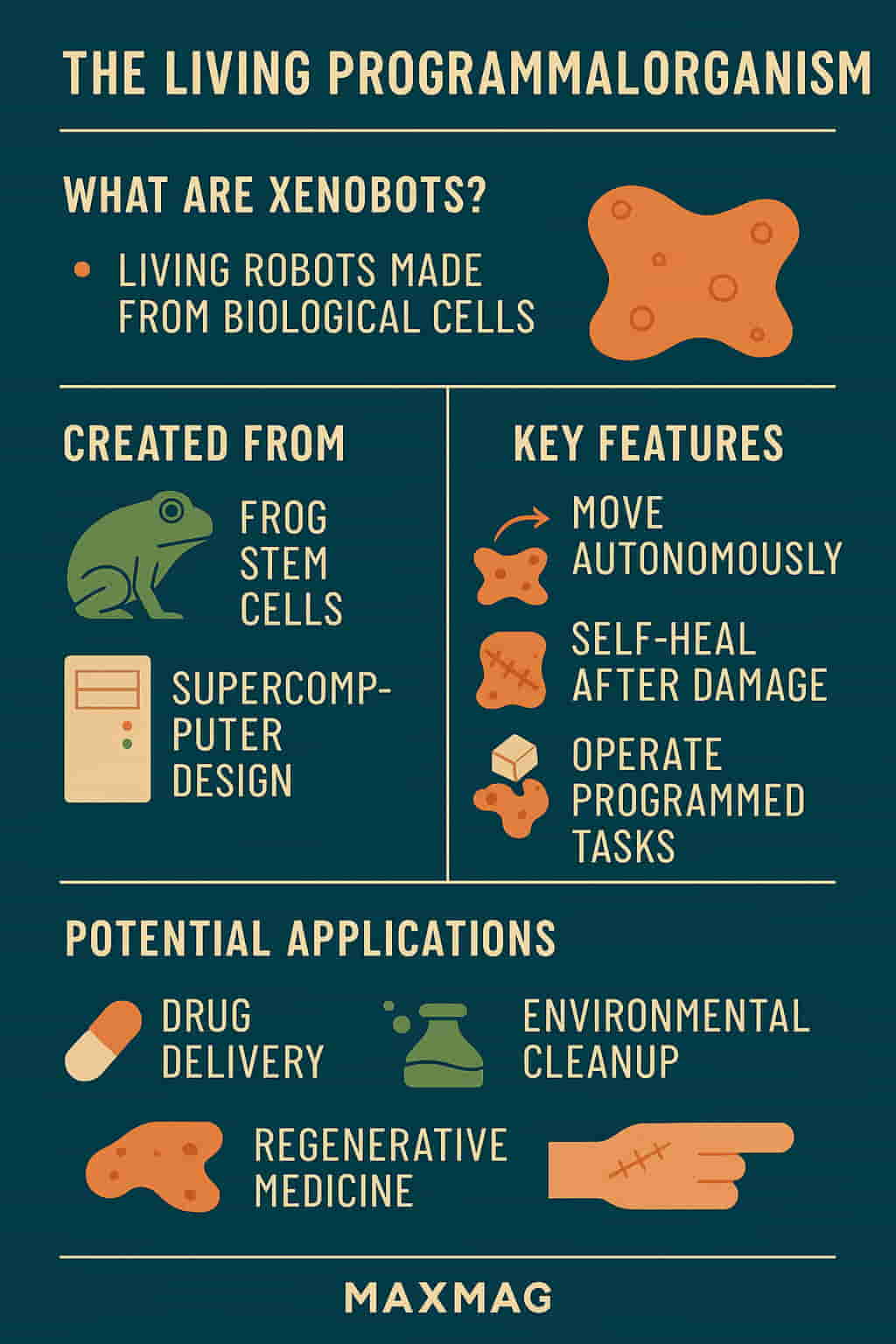 Vertical infographic titled “The Living Programmable Organism,” explaining Xenobots. Sections include definitions, creation process, features (autonomous movement, self-healing), and applications (drug delivery, environmental cleanup, regenerative medicine). Includes icons and a MAXMAG logo at the bottom.