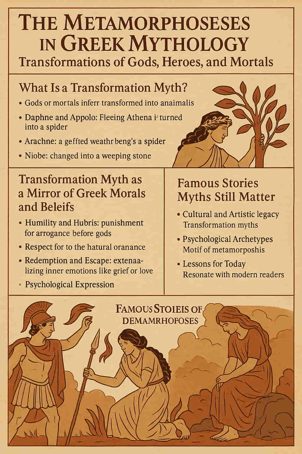 Infographic titled "The Metamorphoses in Greek Mythology: Transformations of Gods, Heroes, and Mortals" with sepia-toned illustrations of Greek figures and myth summaries.