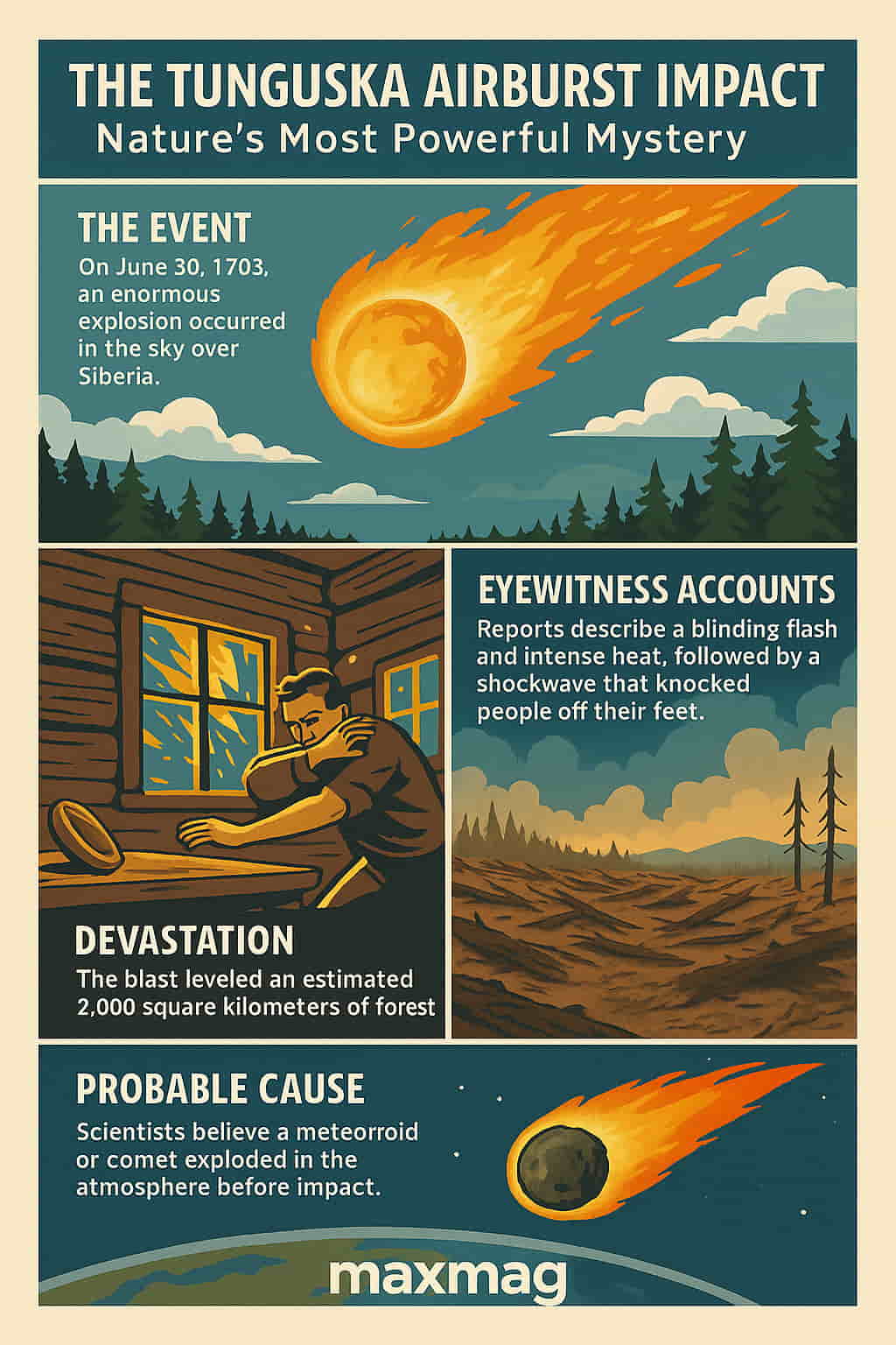 Illustrated infographic titled "The Tunguska Airburst Impact: Nature’s Most Powerful Mystery," depicting the 1908 Siberian explosion with visuals of a fireball, eyewitness reaction, forest devastation, and the meteor theory, with the Maxmag logo centered at the bottom.