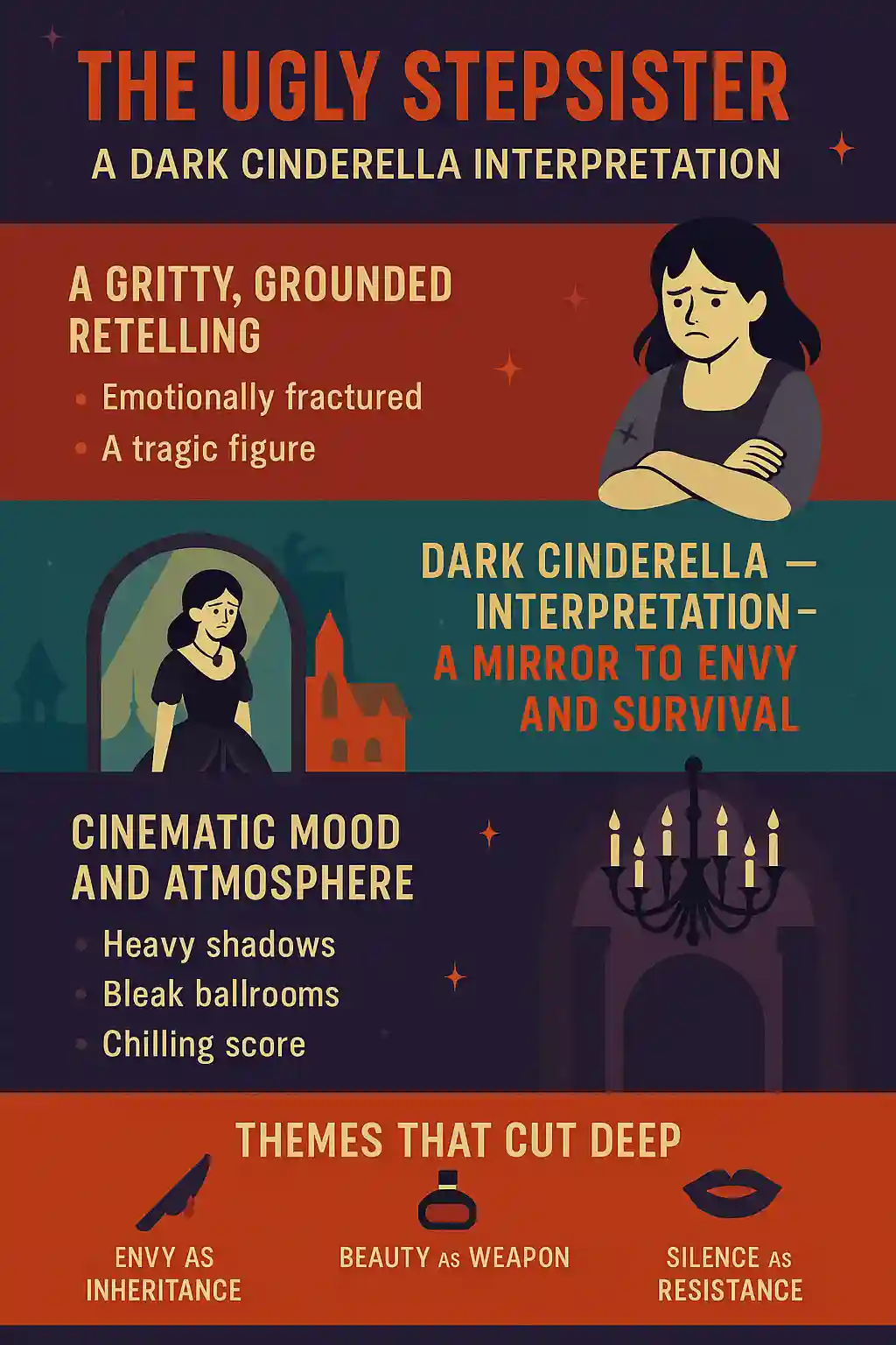 Infographic illustrating key themes from “The Ugly Stepsister: A Dark Cinderella Interpretation,” featuring bold illustrations and sections on emotional trauma, envy, cinematic mood, and redefined femininity, with the MAXMAG logo at the bottom center.