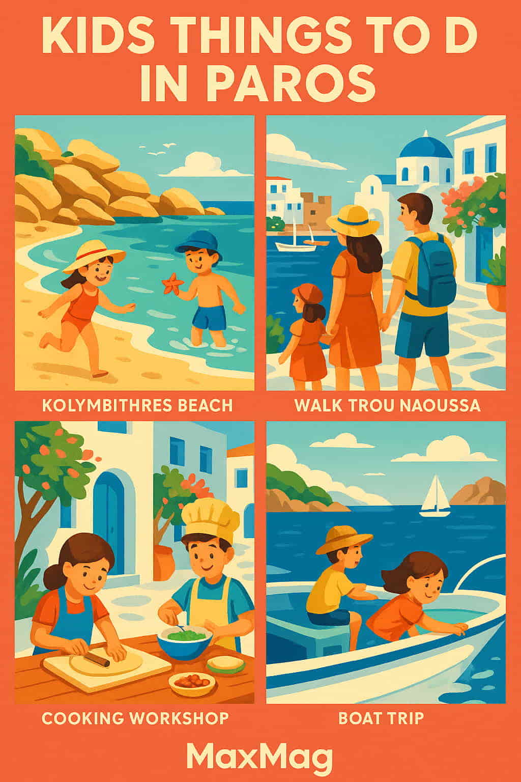 Colorful family travel poster titled "Kids Things to Do in Paros" featuring four illustrated scenes: children playing at Kolymbithres Beach, a family walk in Naoussa, kids in a Greek cooking workshop, and a boat trip. The MaxMag logo appears at the bottom center.