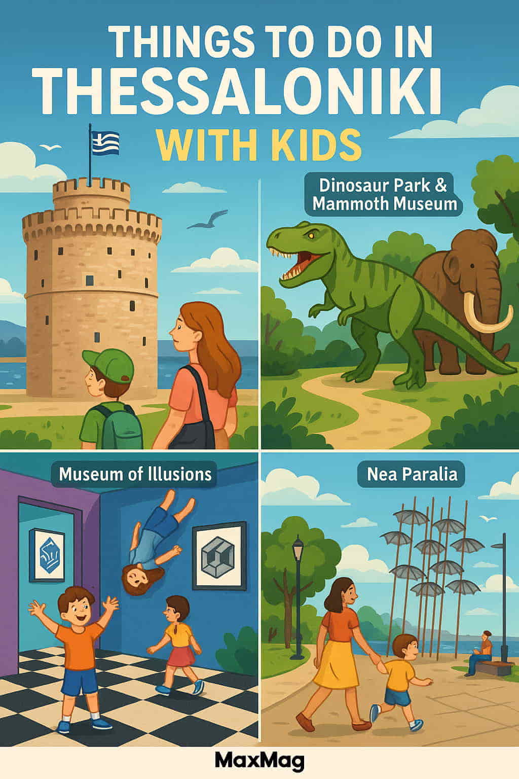Colorful illustrated poster showing family-friendly attractions in Thessaloniki, including the White Tower, Dinosaur Park, Museum of Illusions, and Nea Paralia. Families with children are shown enjoying each location, with a MaxMag logo at the bottom center.