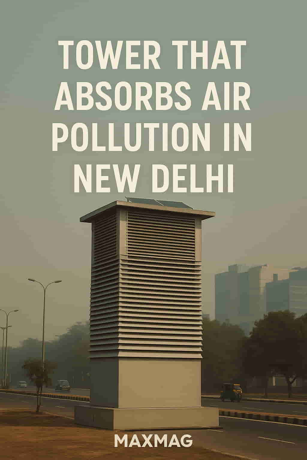 A tall, modern air purification tower in New Delhi stands beside a road, filtering smog-filled air. The sleek structure has solar panels on top, and the scene features light traffic, city buildings, and trees in the background, with a hazy sky overhead.