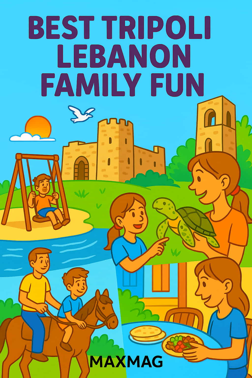 A colorful cartoon-style illustration showing family-friendly activities in Tripoli, Lebanon: a child on a swing near a historic citadel, a mother and daughter observing a sea turtle, a father and son horseback riding, and a child enjoying a meal outdoors. The title “Best Tripoli Lebanon Family Fun” is displayed prominently at the top, with the MAXMAG logo centered at the bottom