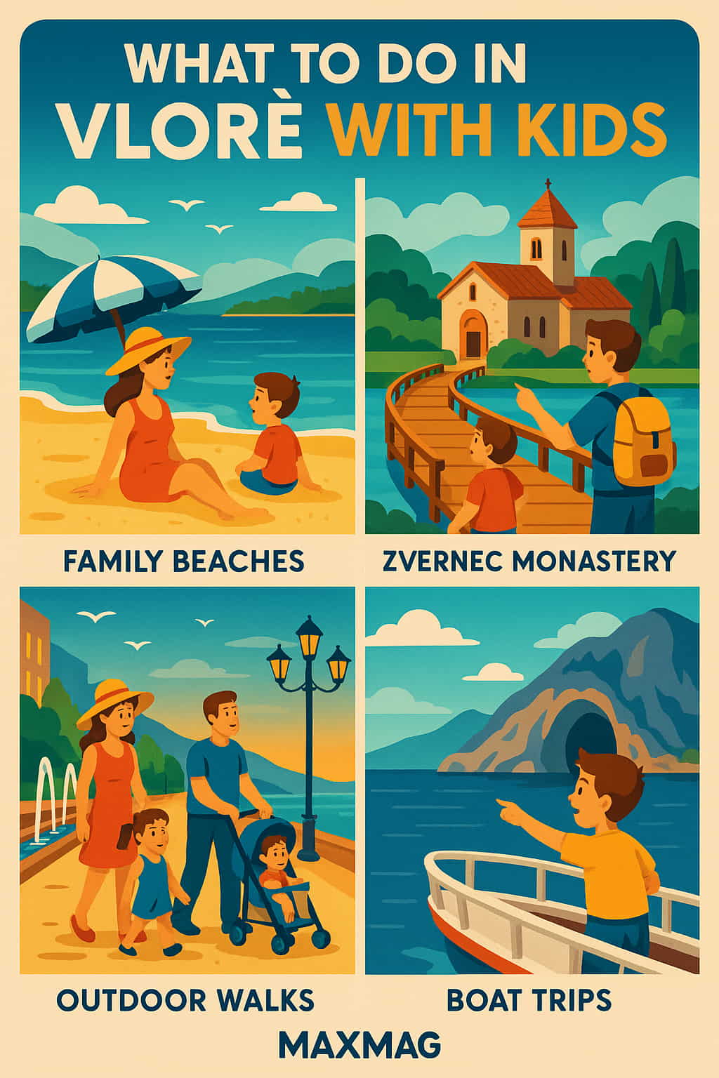 Illustrated guide titled "What to Do in Vlorë with Kids" showing family-friendly activities including beach time, visiting Zvernec Monastery, outdoor walks on the promenade, and boat trips along the coast. MAXMAG logo appears at the bottom center.