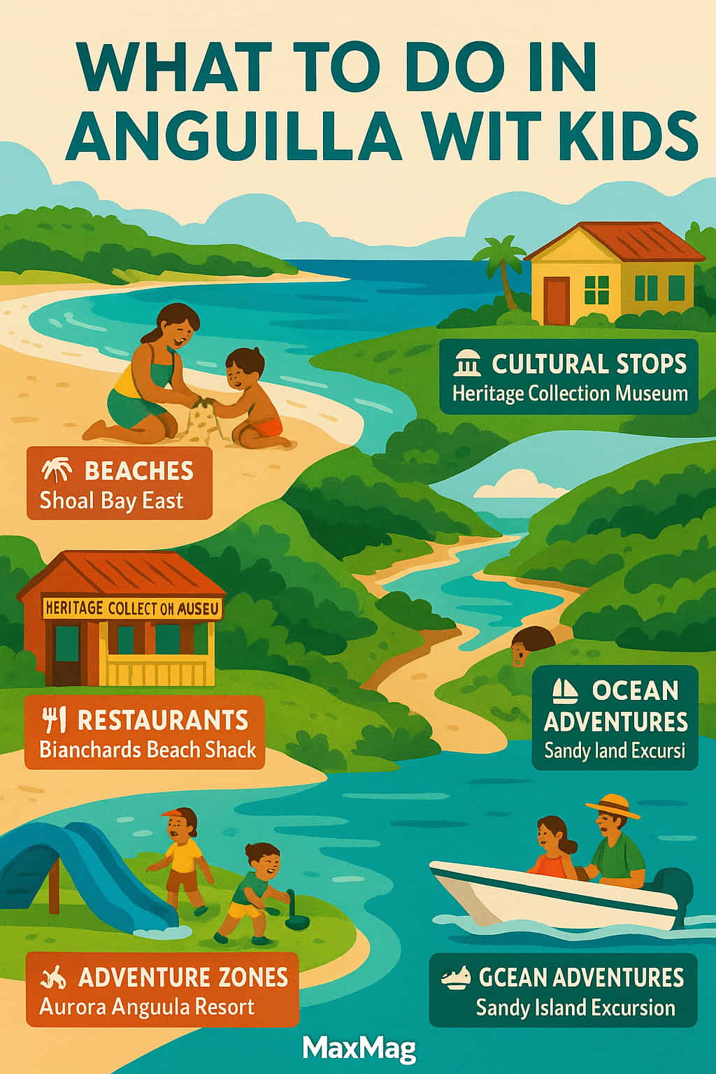Illustrated family travel guide for Anguilla showing kids playing on the beach, visiting museums, enjoying ocean adventures, and dining at family-friendly restaurants, with vibrant colors and the MaxMag logo at the bottom center.