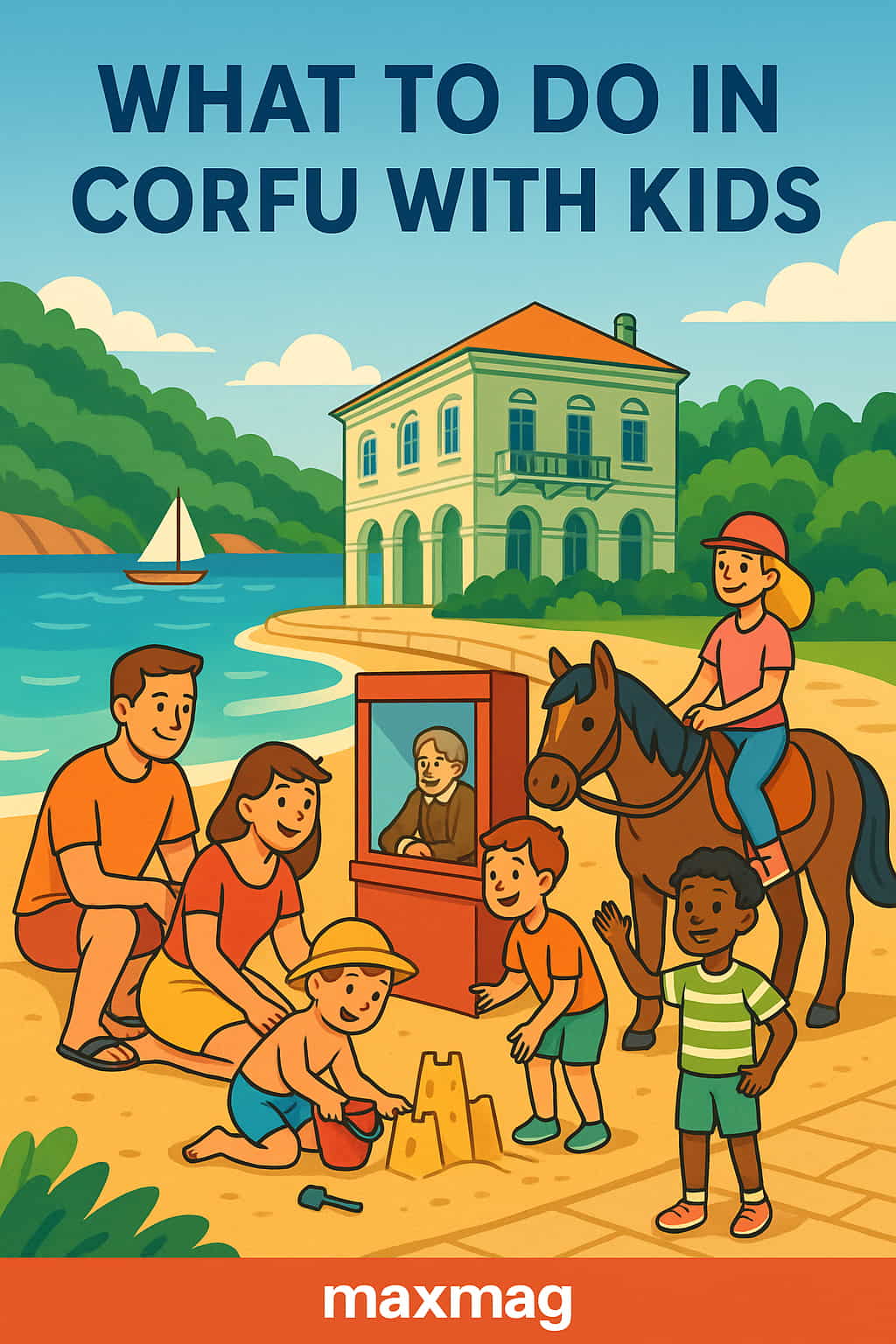 Illustrated travel poster showing a family enjoying Corfu, Greece. Children build sandcastles, ride a pony, and visit a museum near the sea, with a vibrant MAXMAG logo at the bottom.
