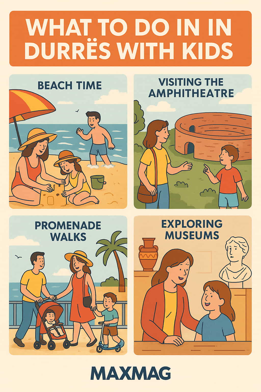 Illustrated family travel guide titled "What to Do in Durrës with Kids" showing colorful scenes of beach fun, visiting the Roman amphitheatre, walking along the promenade, and exploring museums. MAXMAG logo is placed at the bottom center.