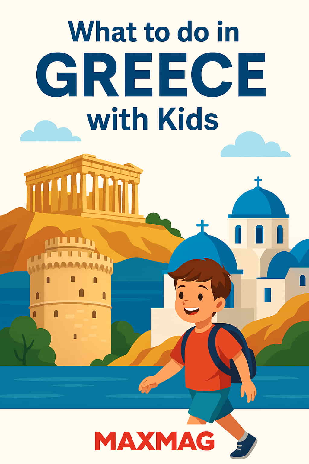 Illustrated travel poster titled "What to do in Greece with Kids," featuring a smiling young boy walking in front of iconic Greek landmarks including the Acropolis, the White Tower of Thessaloniki, and blue-domed island churches, with a clear sky and the MAXMAG logo centered at the bottom.