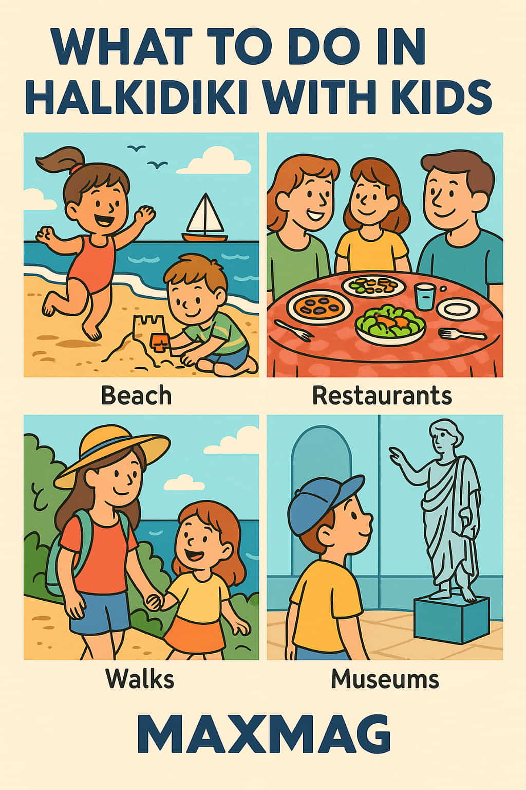 Cartoon-style poster titled "What to Do in Halkidiki with Kids," featuring four colorful panels showing families enjoying the beach, dining at restaurants, going on nature walks, and visiting museums. The MAXMAG logo appears at the bottom center.