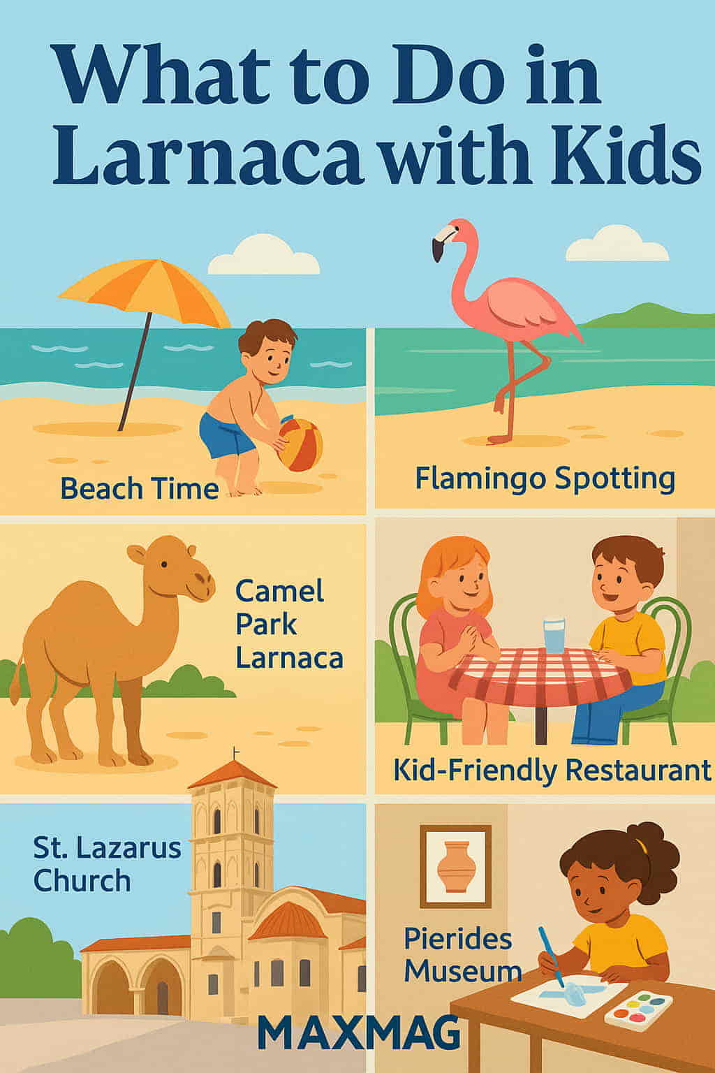 A vibrant illustrated infographic titled “What to Do in Larnaca with Kids,” showing six family-friendly attractions in Larnaca, Cyprus. The image includes playful illustrations of a child on the beach, a flamingo at a salt lake, a camel at Camel Park Larnaca, children eating at a restaurant, the historic St. Lazarus Church, and a child painting at the Pierides Museum. The MAXMAG logo is centered at the bottom.