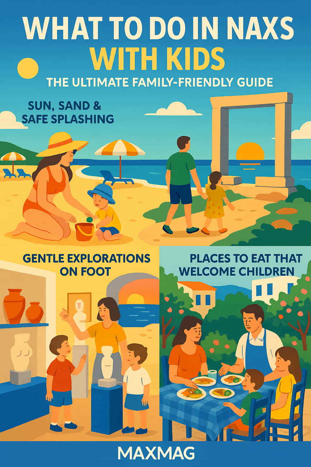 Colorful illustrated family travel guide titled "What to Do in Naxos with Kids," showing four scenes: children playing on the beach, a family walking to the Portara at sunset, a museum visit, and a meal at a kid-friendly taverna, with the MAXMAG logo at the bottom.