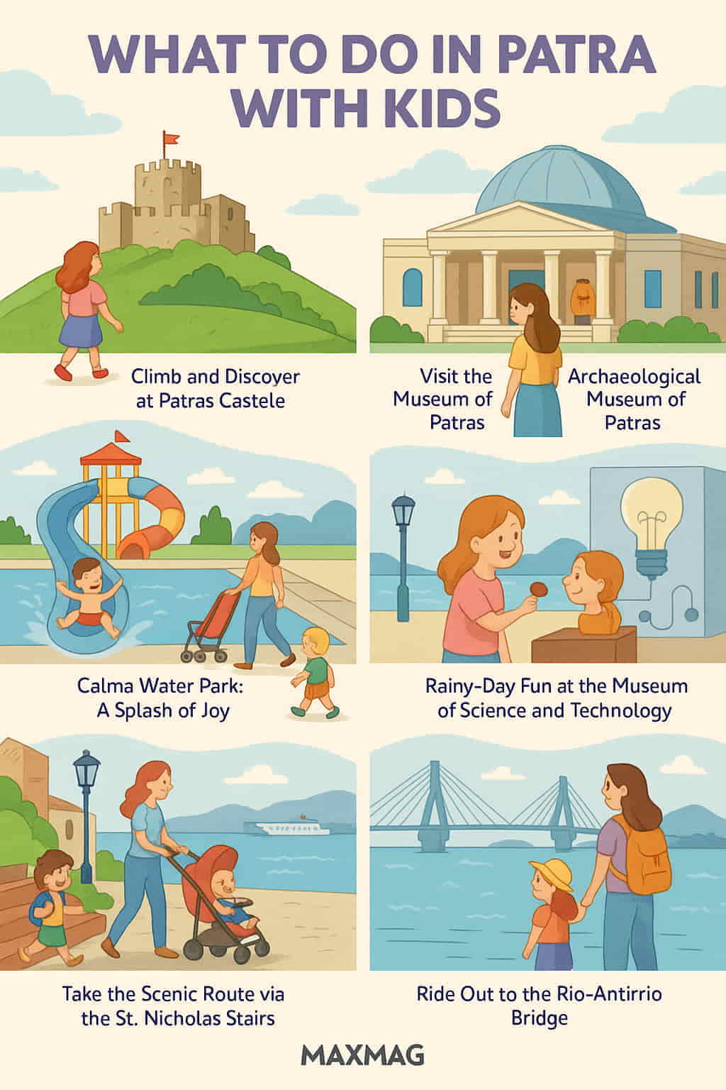 Illustrated family travel guide titled “What to Do in Patras with Kids,” featuring six colorful scenes of children and parents enjoying landmarks like Patras Castle, the Archaeological Museum, Calma Water Park, and the Rio-Antirrio Bridge, with the MAXMAG logo at the bottom center.