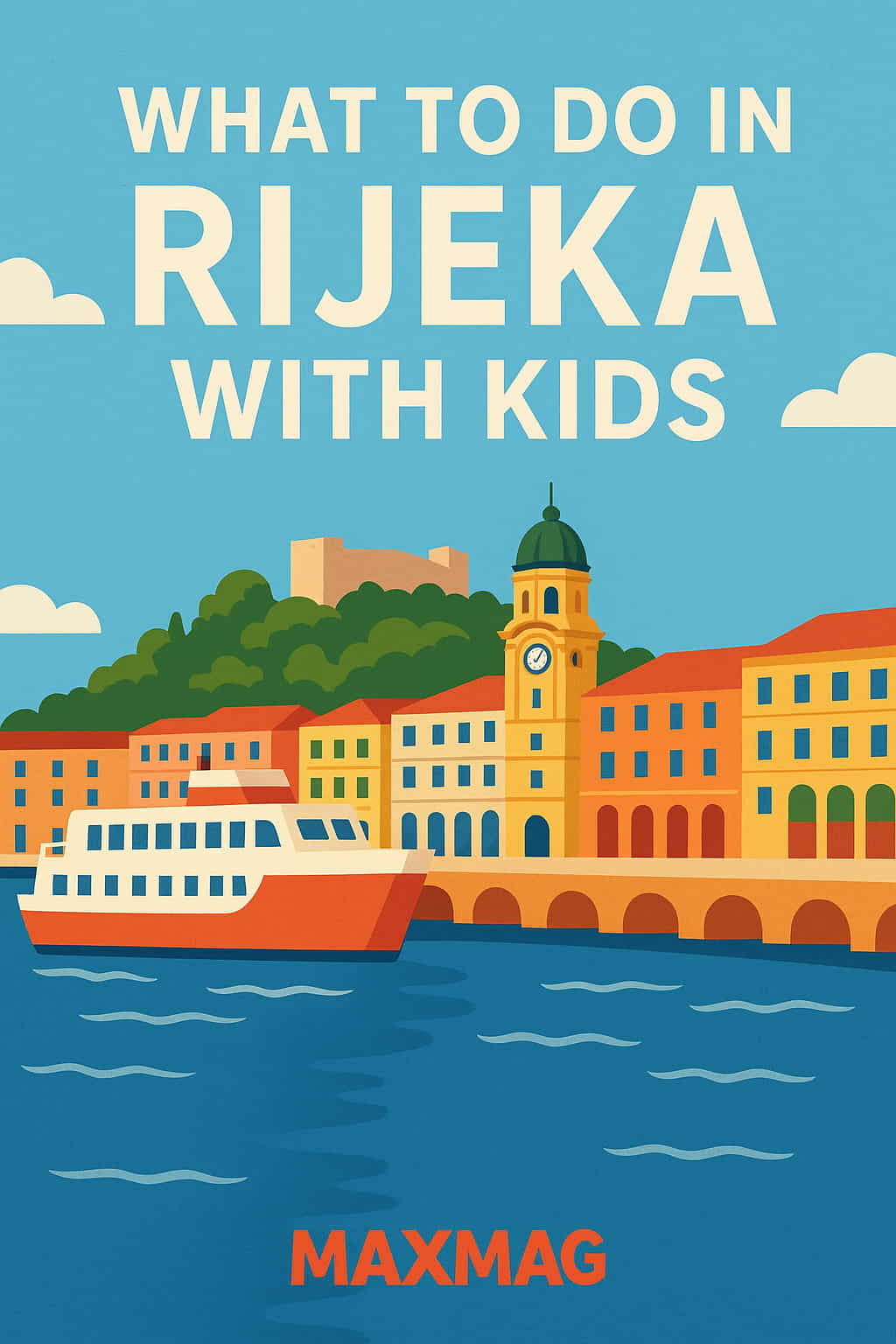 A bright and colorful flat-style illustration of Rijeka, Croatia, showing a red-roofed waterfront lined with historic buildings, a ferryboat docked near a promenade, and the iconic yellow city clock tower under a sunny blue sky. The title “What to Do in Rijeka with Kids” appears at the top, with the MAXMAG logo at the bottom center.