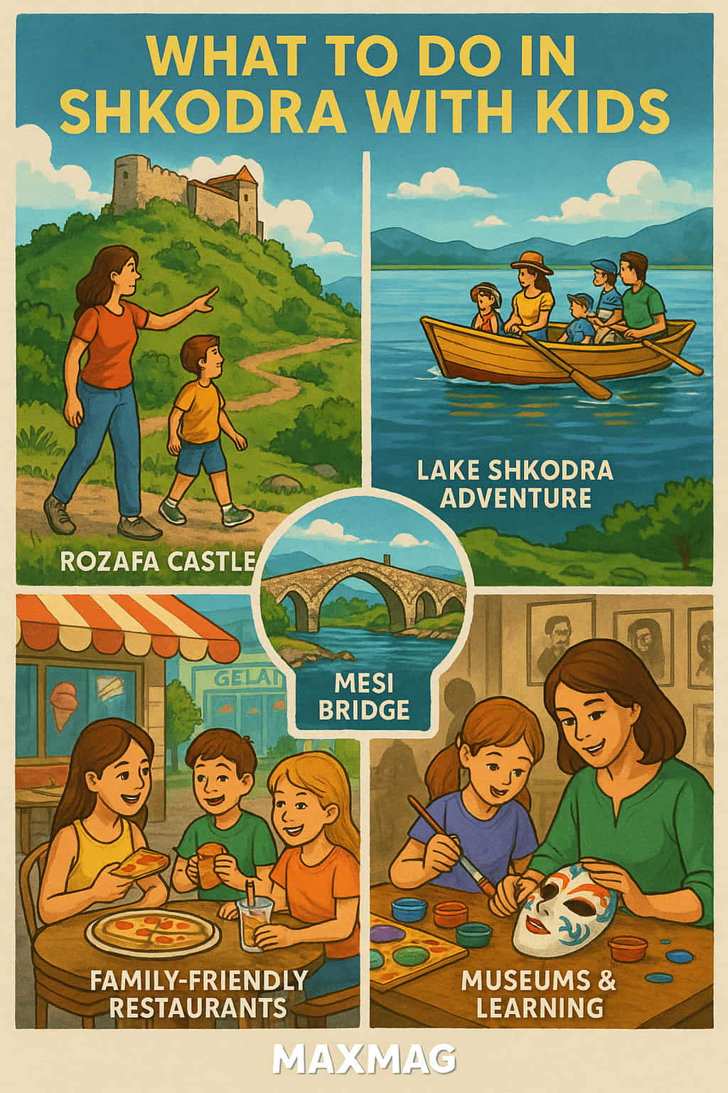 Illustrated guide showing family-friendly activities in Shkodra, Albania, including Rozafa Castle, Lake Shkodra boat rides, Mesi Bridge, family restaurants, and a museum mask workshop. MAXMAG logo is centered at the bottom.
