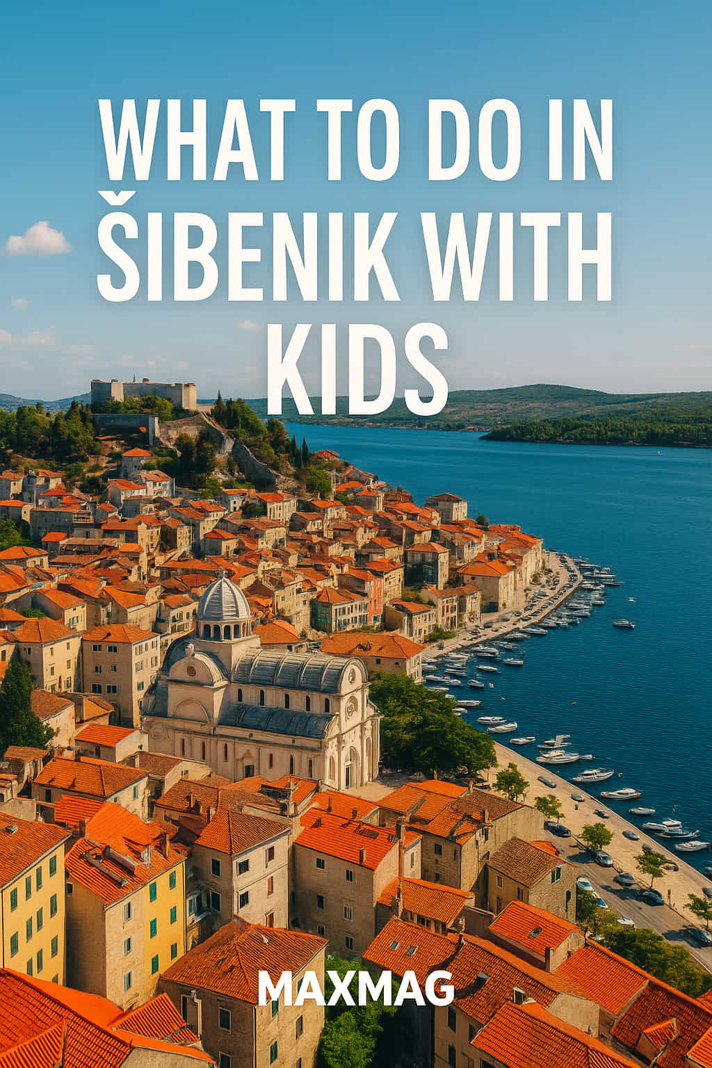 A colorful aerial view of Šibenik, Croatia, showcasing the historic old town with terracotta rooftops, the white-domed St. James Cathedral, St. Michael’s Fortress on the hill, and the deep blue Adriatic Sea with anchored boats, overlaid with the article title “What to Do in Šibenik with Kids” and the MAXMAG logo at the bottom center.