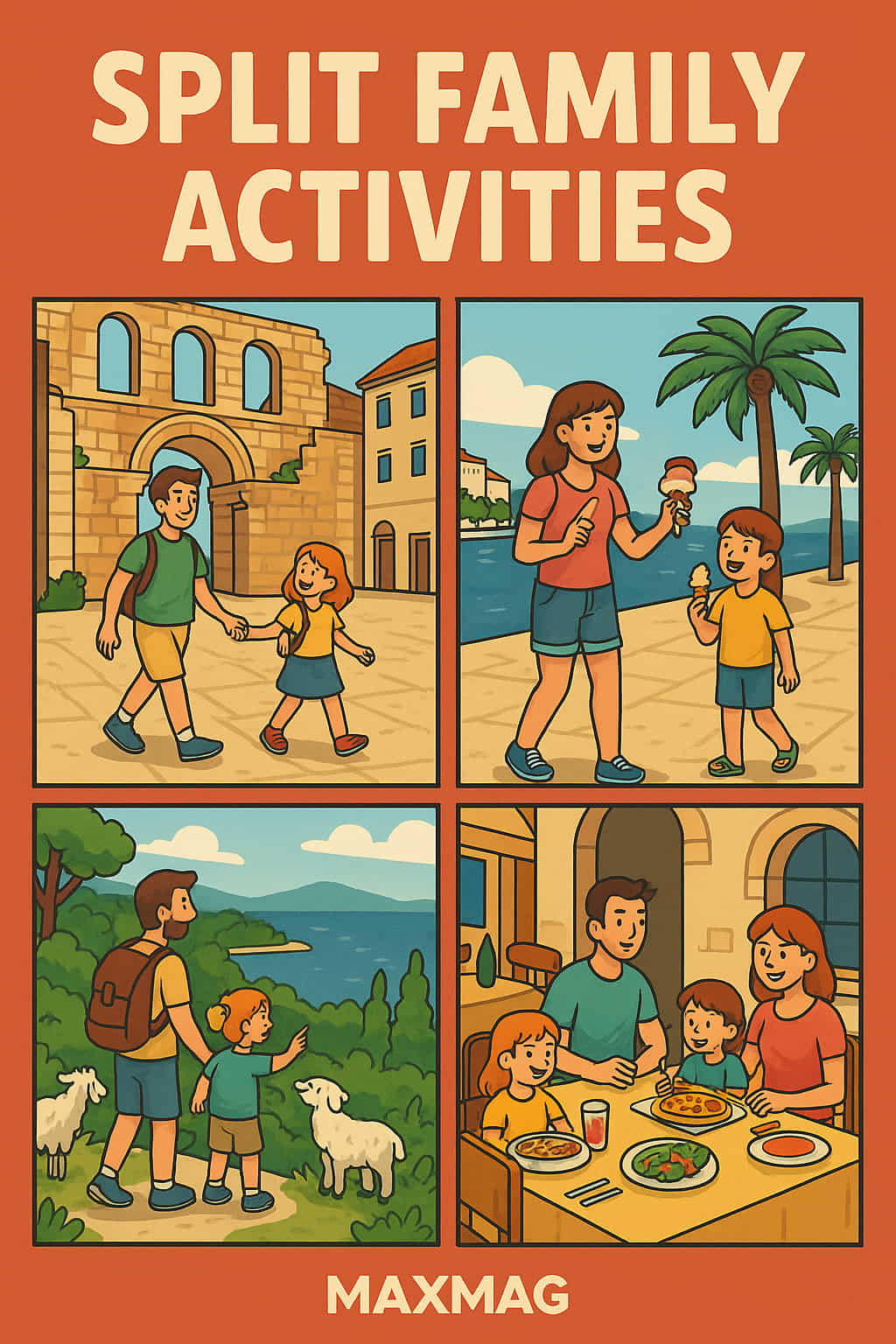 Illustrated travel poster titled "Split Family Activities," featuring four vibrant scenes of families exploring Diocletian’s Palace, enjoying ice cream by the waterfront, hiking near the sea with goats, and dining together at a cozy restaurant. The MAXMAG logo appears at the bottom center.