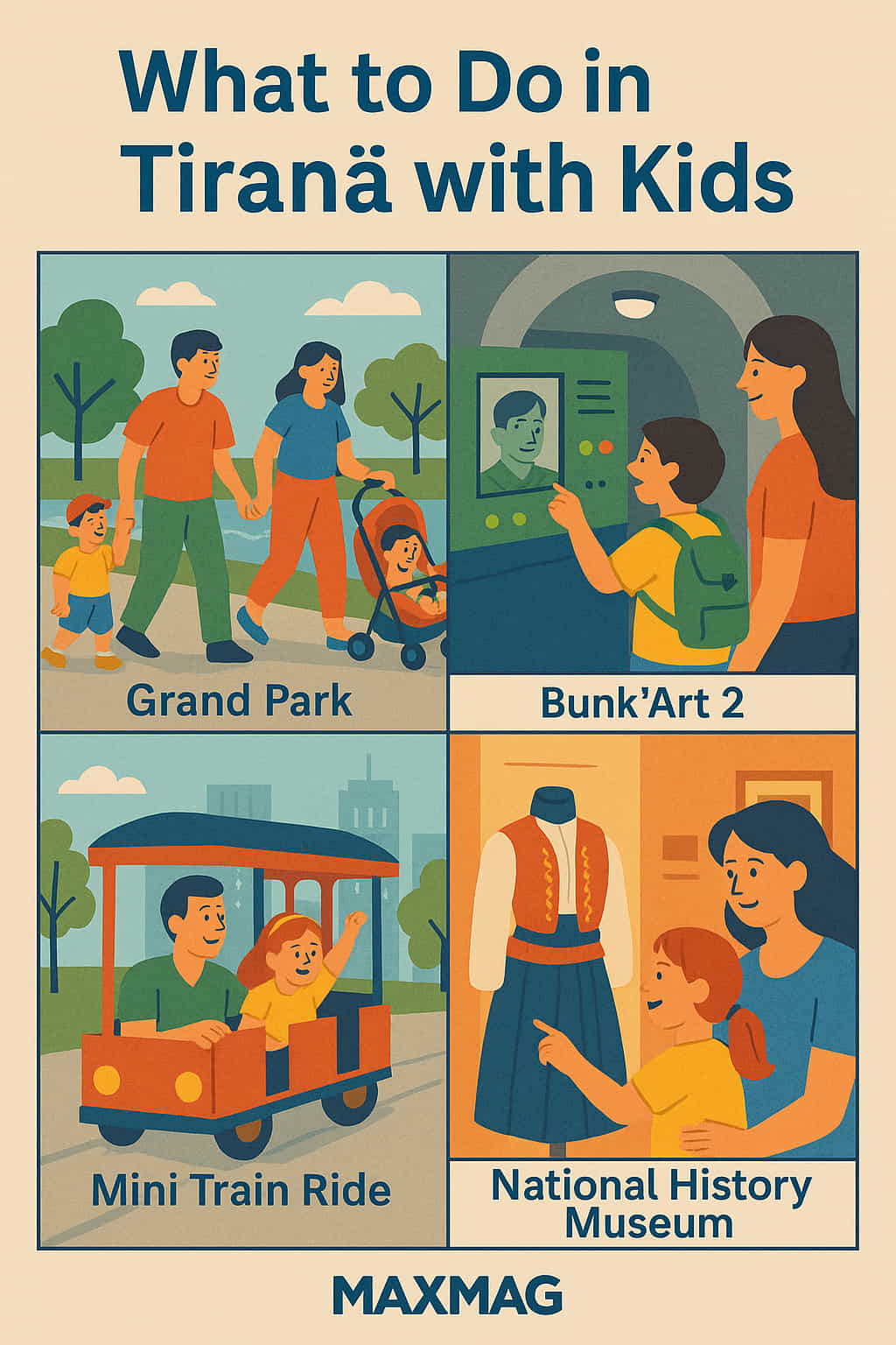 Illustrated poster titled "What to Do in Tiranë with Kids" showing family activities: a stroll in Grand Park, exploring Bunk’Art 2 museum, riding a city train, and visiting the National History Museum. The MAXMAG logo is centered at the bottom.
