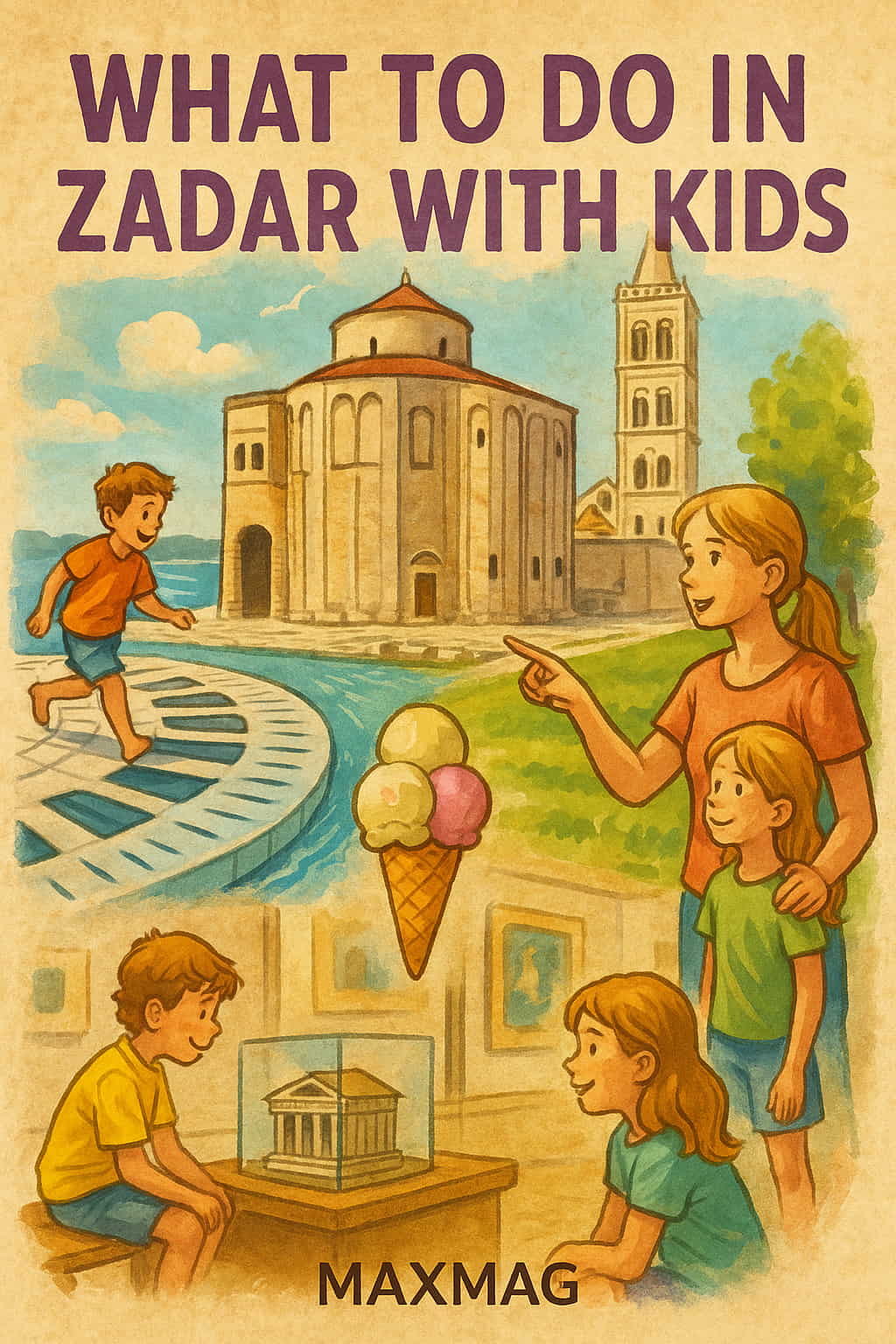 Illustrated poster depicting family-friendly activities in Zadar, Croatia. Features children playing near the Sea Organ, exploring historic landmarks, enjoying ice cream, and visiting a museum, all in a warm, hand-drawn style with the MAXMAG logo at the bottom.