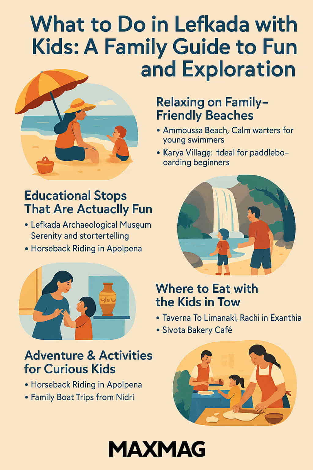 Illustrated infographic titled “What to Do in Lefkada with Kids: A Family Guide to Fun and Exploration,” showing children and parents engaging in beach play, nature walks, museum visits, horseback riding, dining, and cooking, with colorful icons and the MAXMAG logo at the bottom center.