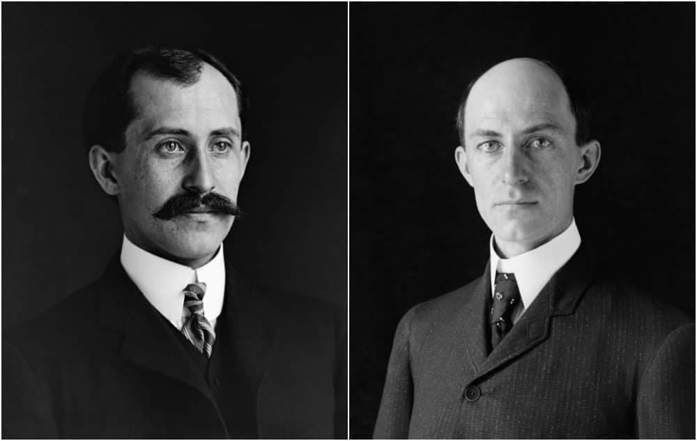 "Black and white portraits of Orville and Wilbur Wright, pioneers of powered flight."