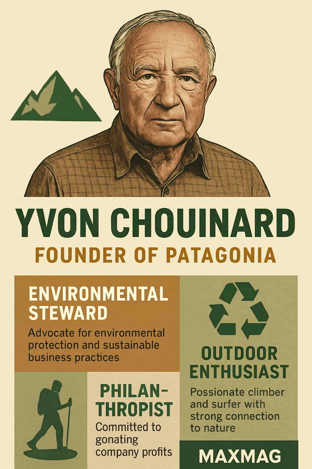 Illustrated infographic of Yvon Chouinard, founder of Patagonia, featuring his portrait, environmental mission, and MAXMAG logo at the bottom.