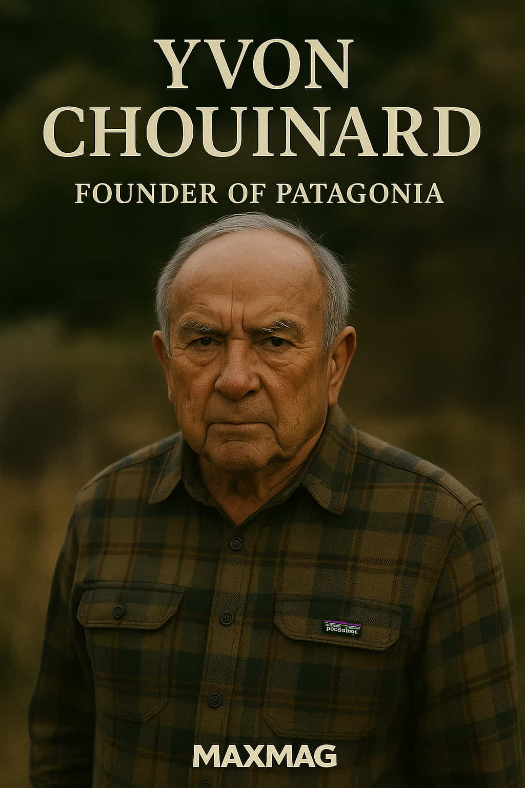 Portrait of Yvon Chouinard, founder of Patagonia, standing outdoors in a plaid shirt with a serious expression. The MAXMAG logo is centered at the bottom.