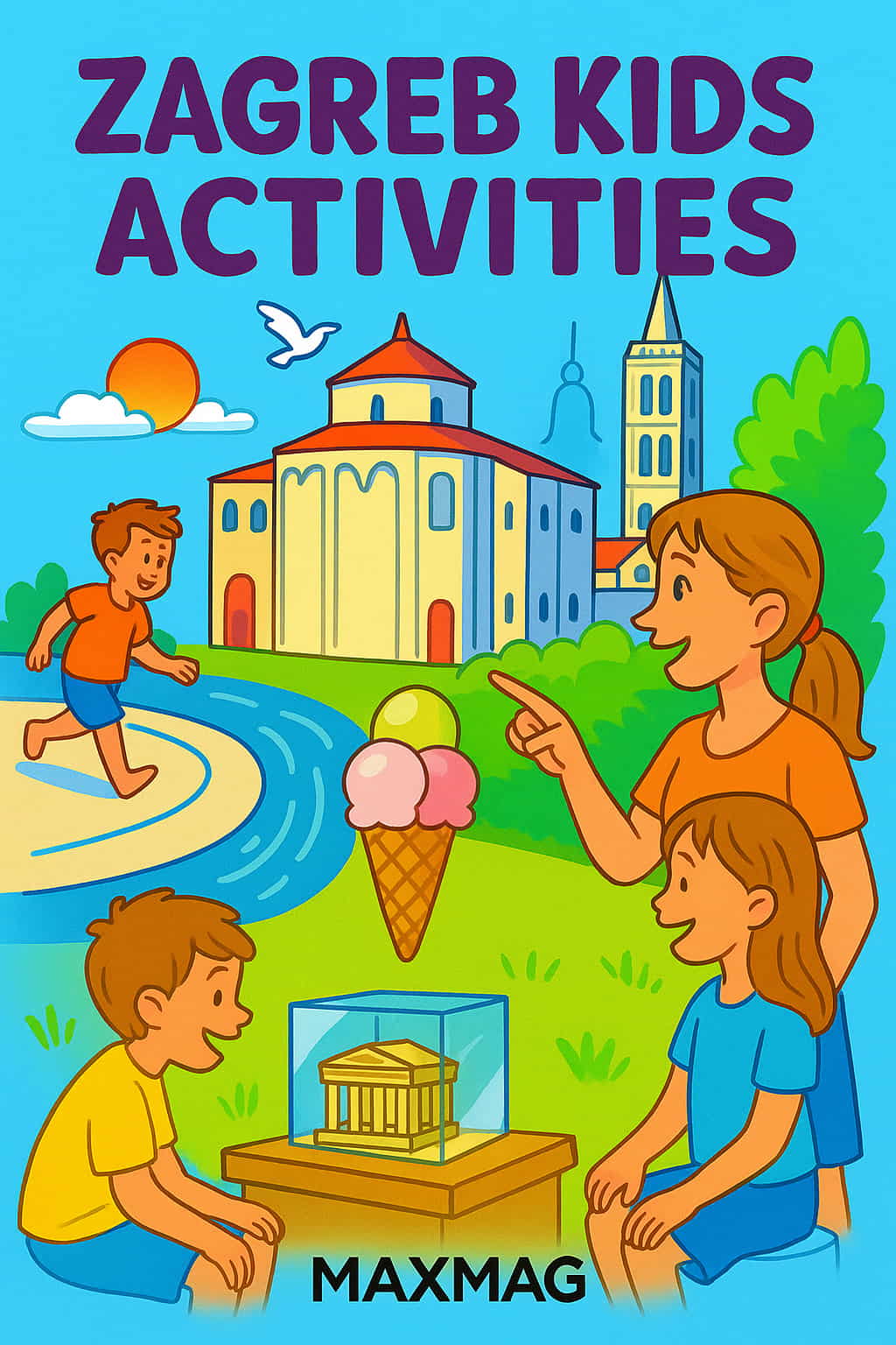 Illustrated cover for “Zagreb Kids Activities” showing a cheerful family exploring landmarks like St. Mark’s Church and the Zagreb Cathedral, with children playing, eating ice cream, and visiting a museum, all in a bright, colorful style.