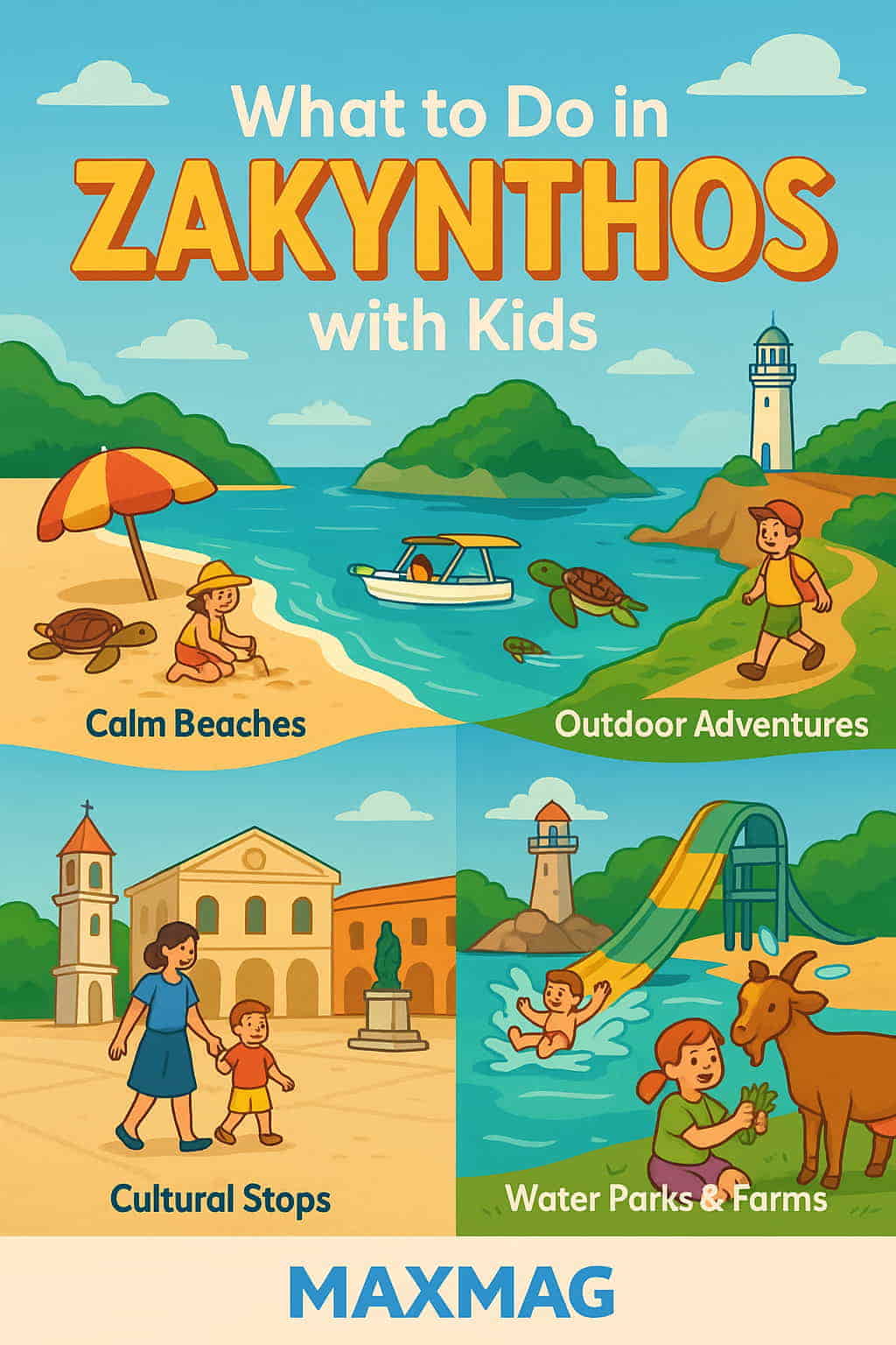 Colorful illustrated infographic titled "What to Do in Zakynthos with Kids," featuring family-friendly activities like calm beaches, outdoor adventures, cultural stops, and water parks. Includes scenes of children playing, exploring, and enjoying nature, with the MAXMAG logo at the bottom center.