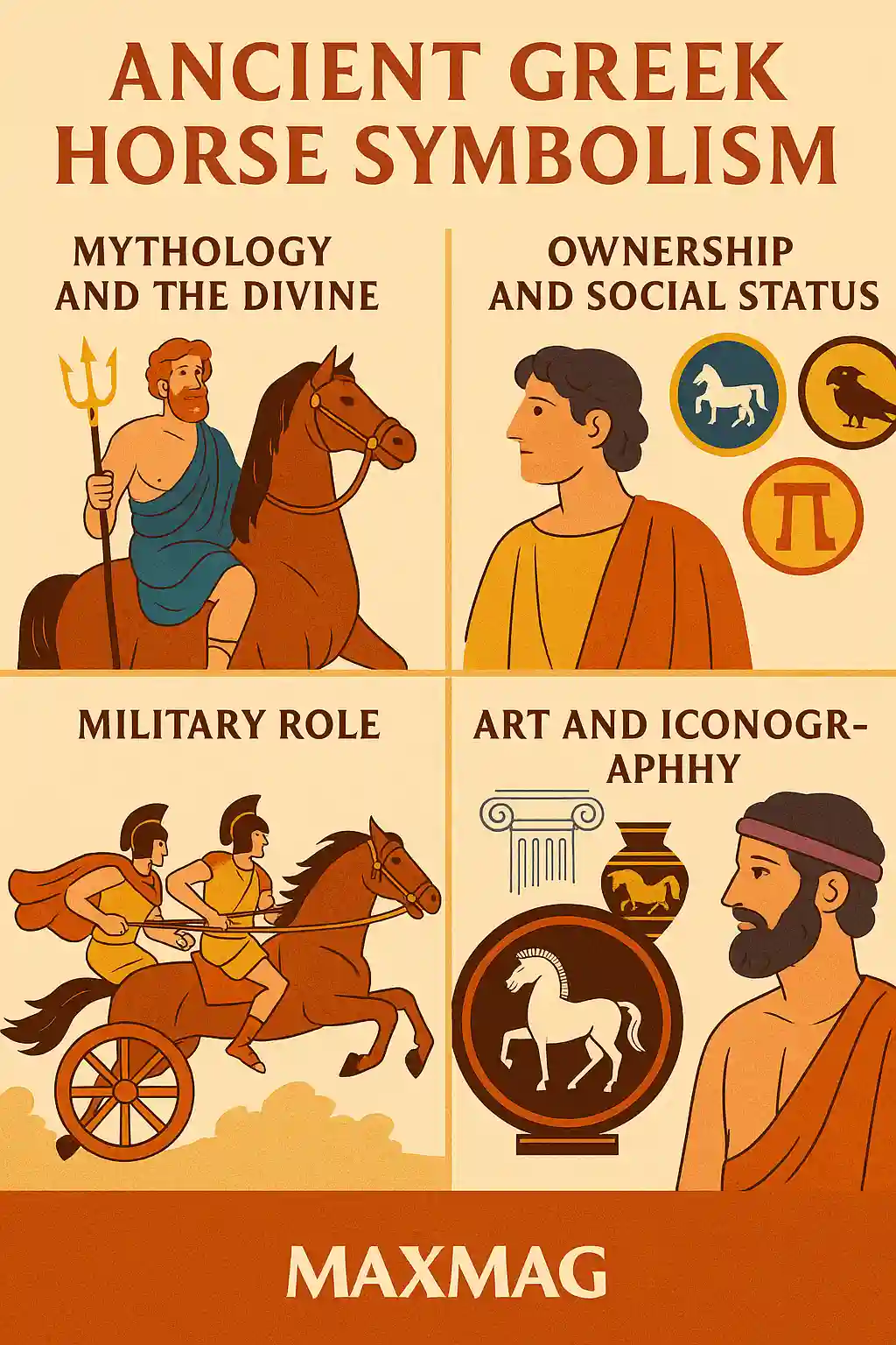 Infographic titled "Ancient Greek Horse Symbolism" featuring four illustrated sections: Mythology and the Divine, Ownership and Social Status, Military Role, and Art and Iconography. Includes figures of Poseidon, charioteers, noblemen, and classical art with a horse motif, with the MAXMAG logo at the bottom.