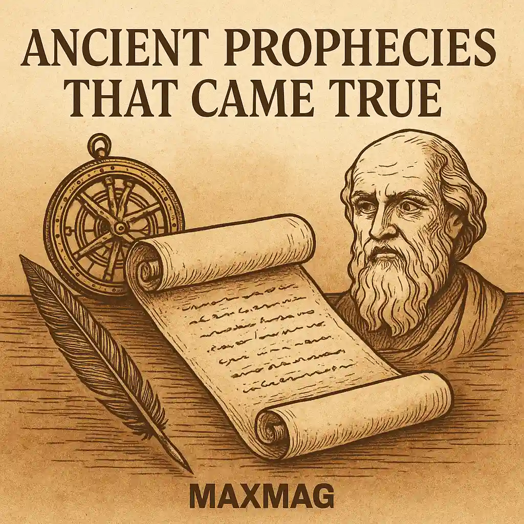 Sepia-toned illustration featuring an ancient philosopher's bust, a scroll with handwritten text, a feather quill, and an astrolabe on a wooden surface, with the title "Ancient Prophecies That Came True" and the MaxMag logo below.