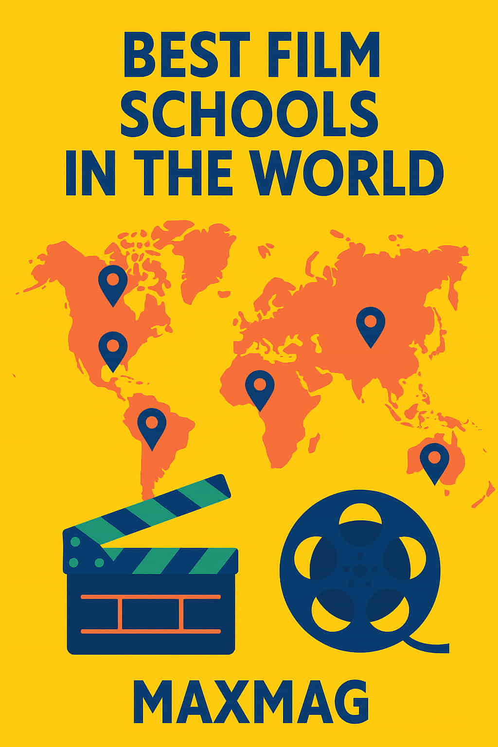 Infographic with a vibrant yellow background titled “Best Film Schools in the World” in bold navy blue letters. A bright orange world map features five dark blue location pins across major continents. Below the map are two large navy and green film icons — a clapperboard and a reel — symbolizing the cinematic theme. The word “MAXMAG” is centered at the bottom in bold navy blue text.