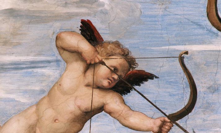 Classical painting of Eros as a child with wings, holding a torch, representing the myth of Eros as the child of Poros and Penia in Greek mythology.