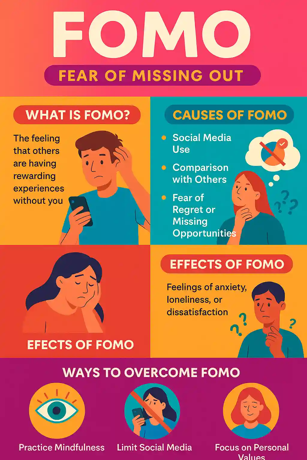 Colorful infographic titled "FOMO (Fear of Missing Out)" featuring bold icons and vibrant panels. It visually explains what FOMO is, its psychological triggers, how it manifests in daily behavior, and ways to manage it. The layout includes illustrations of smartphones, social interactions, and mindfulness practices, with the MAXMAG logo at the bottom.
