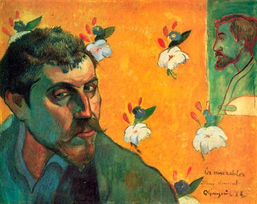 Paul Gauguin’s self-portrait titled “Les Misérables,” painted in 1888, featuring the artist against a vivid orange background with white flowers and a profile sketch of Émile Bernard in the corner.