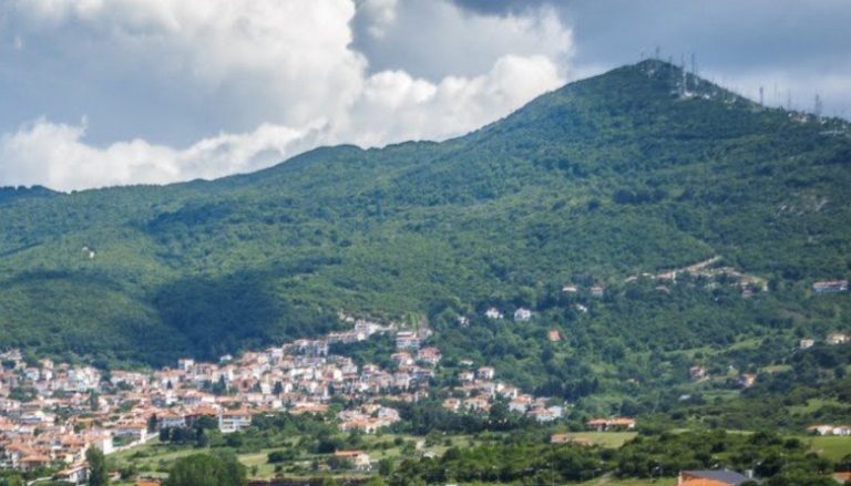 Scenic landscape showing the village of Chortiatis surrounded by forests on Mount Chortiatis near Thessaloniki, Greece.