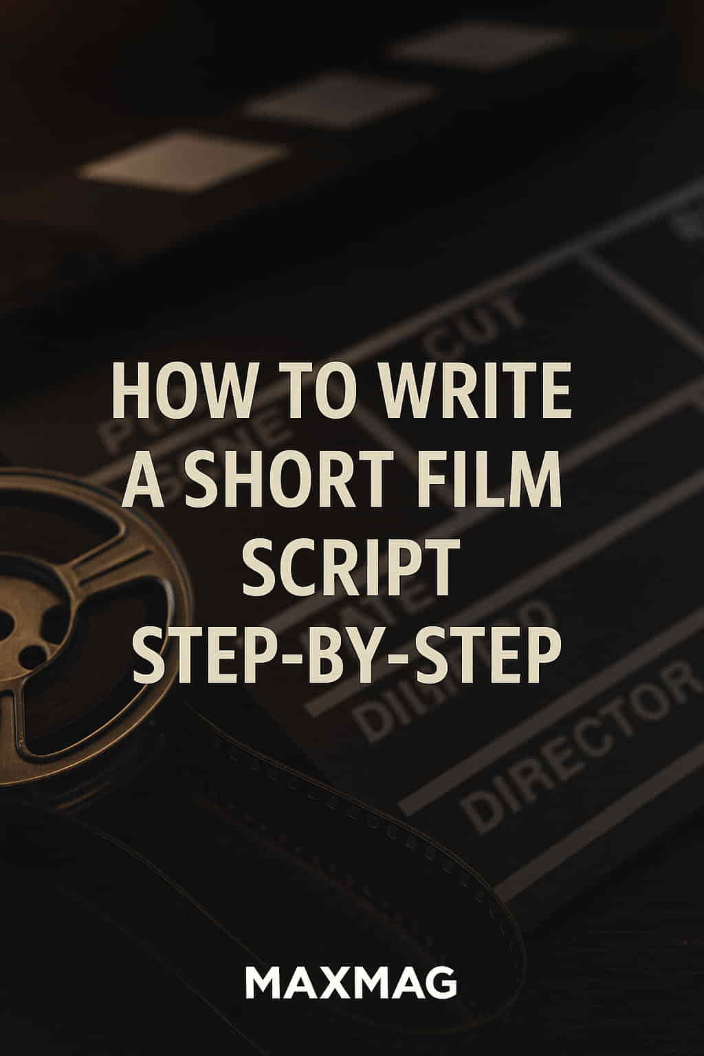 A cinematic-themed graphic featuring a film reel and clapperboard in the background, with the title "How to Write a Short Film Script Step-by-Step" in bold text and the MAXMAG logo centered at the bottom.