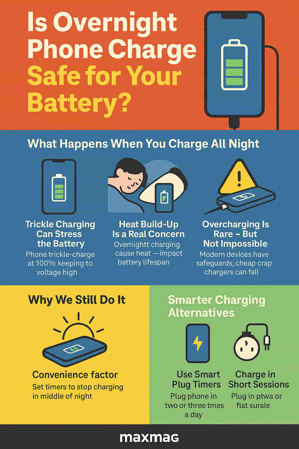 Colorful infographic titled "Is Overnight Phone Charging Safe for Your Battery?" illustrating the risks of overnight charging—trickle charge stress, heat buildup, and overcharging—and offering smarter charging alternatives like plug timers and short sessions. Maxmag logo appears at the bottom center.