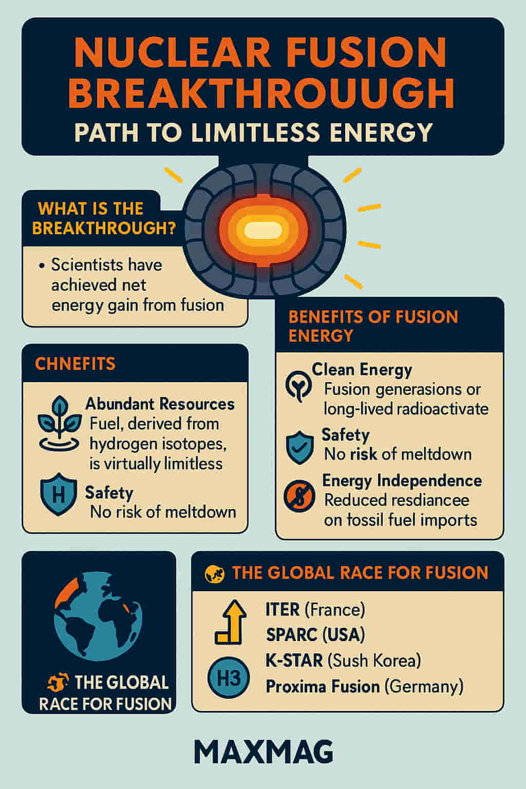 Infographic titled "Nuclear Fusion Breakthrough: Path to Limitless Energy" featuring sections on the scientific achievement, fusion energy benefits, global projects, and key advantages. Uses bold headings, icons, and a colorful layout with the MAXMAG logo at the bottom.