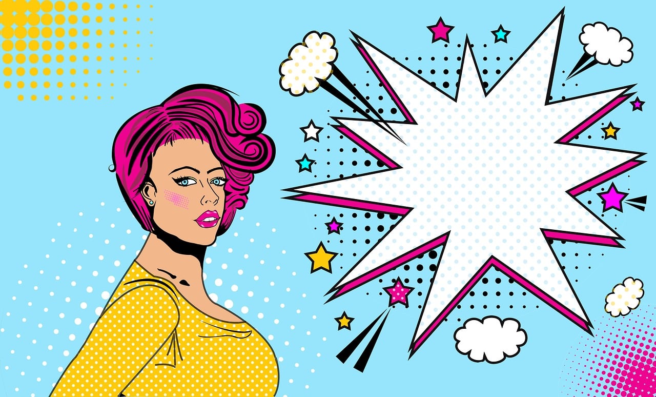 “Retro comic-style illustration of a woman with bold colors and a speech bubble, embodying the essence of Pop Art.”
